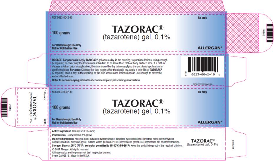 PRINCIPAL DISPLAY PANEL
NDC: <a href=/NDC/0023-0042-10>0023-0042-10</a>
TAZORAC
(tazarotene)gel, 0.1%
100 grams
Rx Only

