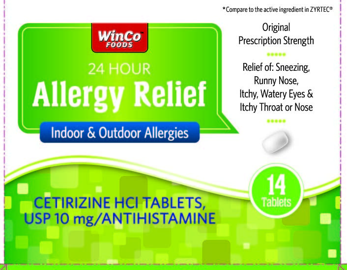 This is the 14 count blister carton label for WinCo FOODS LLC Cetirizine HCl tablets, 10 mg.