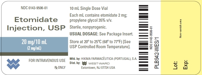 NDC: <a href=/NDC/0143-9506-01>0143-9506-01</a> Etomidate Injection, USP 20 mg/10 mL (2 mg/mL) FOR INTRAVENOUS USE Rx ONLY 10 mL Single Dose Vial Each mL contains etomidate 2 mg; propylene glycol 35% v/v. Sterile, nonpyrogenic. USUAL DOSAGE: See Package Insert. Store at 20º to 25ºC (68º to 77ºF) [See USP Controlled Room Temperature].