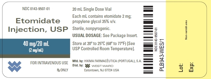 NDC: <a href=/NDC/0143-9507-01>0143-9507-01</a> Etomidate Injection, USP 40 mg/20 mL (2 mg/mL) FOR INTRAVENOUS USE Rx ONLY 20 mL Single Dose Vial Each mL contains etomidate 2 mg; propylene glycol 35% v/v. Sterile, nonpyrogenic. USUAL DOSAGE: See Package Insert. Store at 20º to 25ºC (68º to 77ºF) [See USP Controlled Room Temperature].