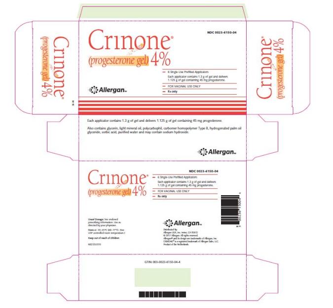 Crinone 
(progesterone gel) 4%
6 Single-Use Prefilled Applicators
NDC: <a href=/NDC/0023-6150-04>0023-6150-04</a>

