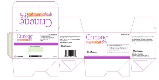 Crinone
(progesterone gel) 8%
15 Single-Use Prefilled Applicators
NDC: <a href=/NDC/0023-6151-08>0023-6151-08</a>
