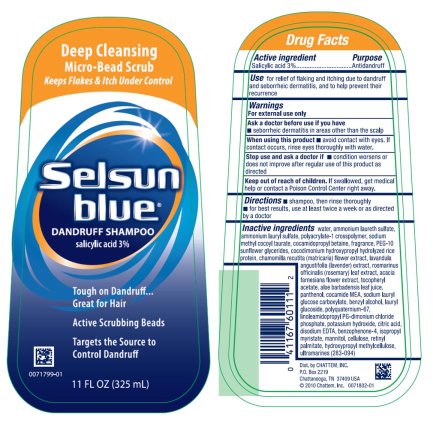 Deep Cleansing
Micro-Bead Scrub
Keeps Flakes & Itch Under Control
Selsun blue 
DANDRUFF SHAMPOO
salicylic acid 3%
11 FL OZ (325 mL)
