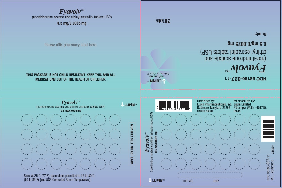 Fyavolv (norethindrone and ethinyl estradiol tablets USP) 
0.5 mg/0.0025 mg
Rx Only
NDC: <a href=/NDC/68180-827-13>68180-827-13</a>
							Wallet Label: 28 Tablets