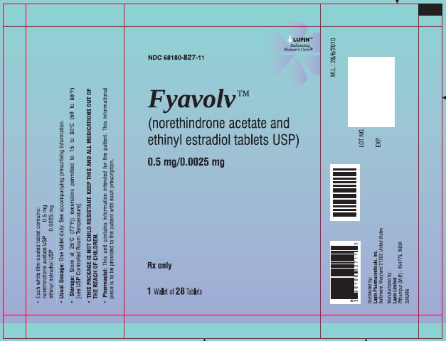 Fyavolv (norethindrone and ethinyl estradiol tablets USP) 
0.5 mg/0.0025 mg
Rx Only
NDC: <a href=/NDC/68180-827-13>68180-827-13</a>
							Pouch Label: 1 Wallet of 28 Tablets