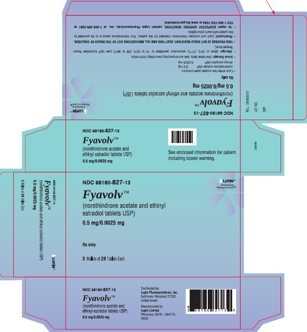Fyavolv (norethindrone and ethinyl estradiol tablets USP) 
0.5 mg/0.0025 mg
Rx Only
NDC: <a href=/NDC/68180-827-13>68180-827-13</a>
							Carton Label: 3 Wallets of 28 Tablets Each