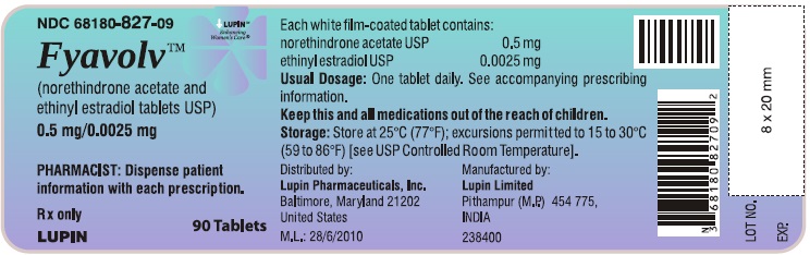 Fyavolv (norethindrone and ethinyl estradiol tablets USP) 
0.5 mg/0.0025 mg
Rx Only
NDC: <a href=/NDC/68180-827-09>68180-827-09</a>
							Bottle Label: 90 Tablets