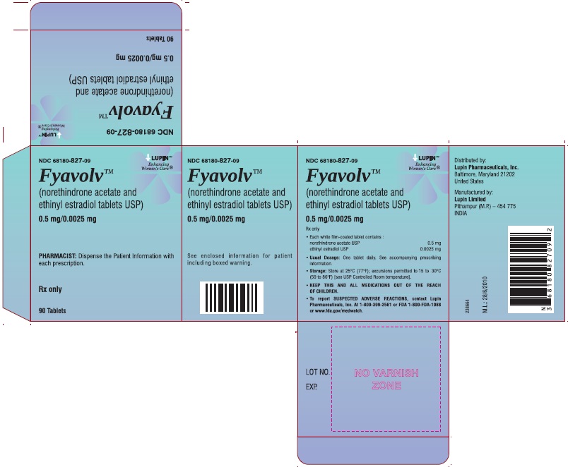 Fyavolv (norethindrone and ethinyl estradiol tablets USP) 
0.5 mg/0.0025 mg
Rx Only
NDC: <a href=/NDC/68180-827-09>68180-827-09</a>
							Carton Label: 90 Tablets