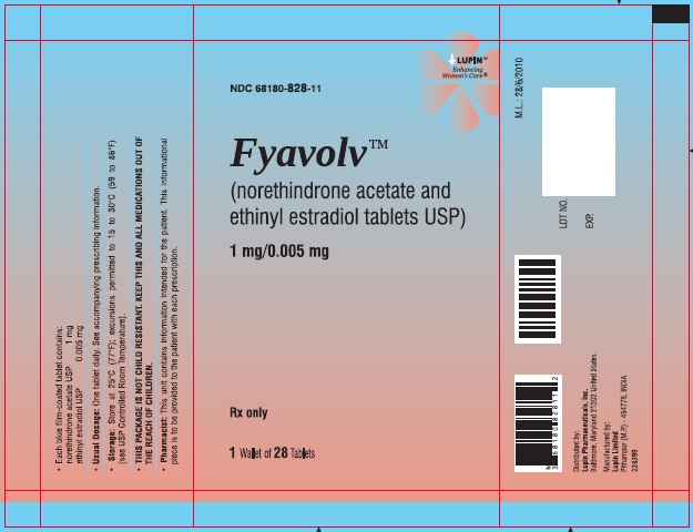 Fyavolv (norethindrone and ethinyl estradiol tablets USP) 
1 mg/0.005 mg
Rx Only
NDC: <a href=/NDC/68180-828-13>68180-828-13</a>
							Pouch Label: 1 Wallet of 28 Tablets