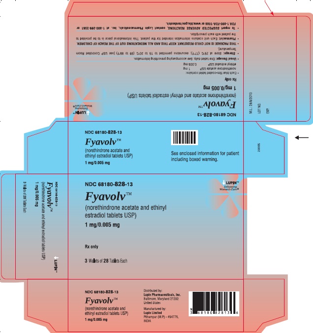 Fyavolv (norethindrone and ethinyl estradiol tablets USP) 
1 mg/0.005 mg
Rx Only
NDC: <a href=/NDC/68180-828-13>68180-828-13</a>
							Carton Label: 3 Wallets of 28 Tablets Each
