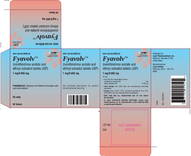 Fyavolv (norethindrone and ethinyl estradiol tablets USP) 
1 mg/0.005 mg
Rx Only
NDC: <a href=/NDC/68180-828-09>68180-828-09</a>
							Carton Label: 90 Tablets