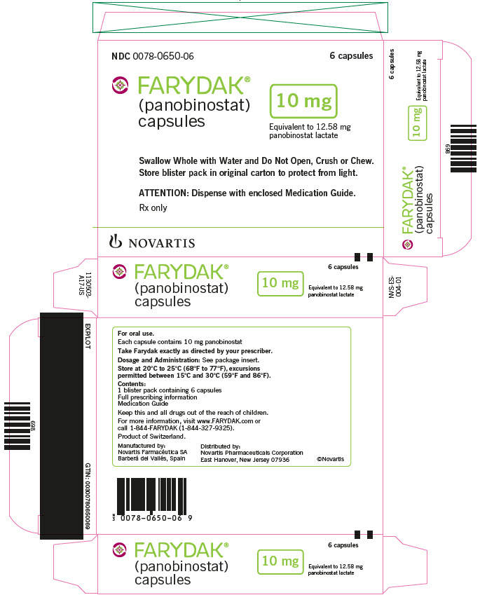 PRINCIPAL DISPLAY PANEL
NDC: <a href=/NDC/0078-0650-06>0078-0650-06</a>
6 capsules
FARYDAK
(panobinostat)
capsules
10 mg
Swallow Whole with Water and Do Not Open, Crush or Chew.
Store blister pack in original carton to protect from light.
ATTENTION: Dispense with enclosed Medication Guide
Rx only
