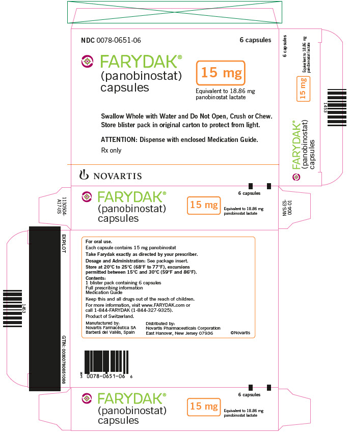 PRINCIPAL DISPLAY PANEL
NDC: <a href=/NDC/0078-0651-06>0078-0651-06</a>
6 capsules
FARYDAK
(panobinostat)
capsules
15 mg
Swallow Whole with Water and Do Not Open, Crush or Chew.
Store blister pack in original carton to protect from light.
ATTENTION: Dispense with enclosed Medication Guide
Rx only
