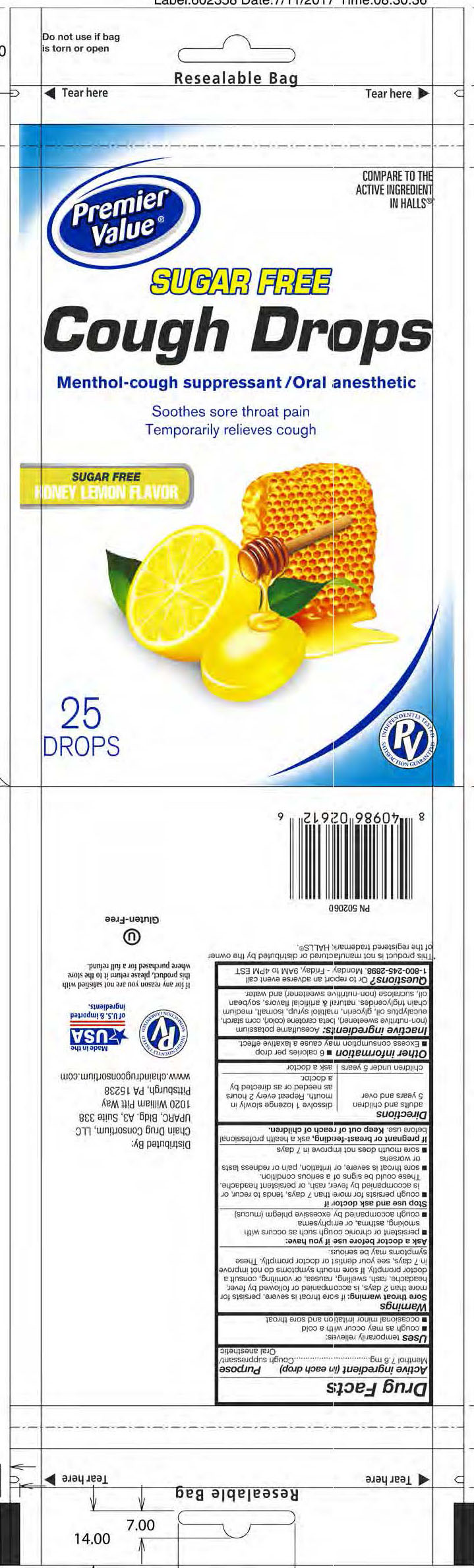 Premier Value SF Honey Lemon 25ct Cough Drops