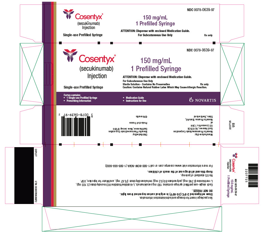 PRINCIPAL DISPLAY PANEL
NDC: <a href=/NDC/0078-0639-97>0078-0639-97</a>
Cosentyx®
(secukinumab)
Injection
150 mg/mL
1 Prefilled Syringe

Single-use Prefilled Syringe
ATTENTION: Dispense with enclosed Medication Guide.
For Subcutaneous Use Only
Sterile Solution - Contains No Preservative
Caution:  Contains Natural Rubber Latex Which May Cause Allergic Reaction.
Rx only
NOVARTIS
