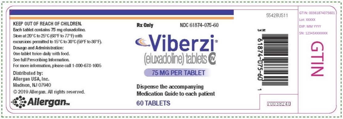 PRINCIPAL DISPLAY PANEL
NDC: <a href=/NDC/61874-075-60>61874-075-60</a>
Viberzi
(eluxadoline) tablets
75 MG PER TABLET
60 TABLETS
Rx Only
