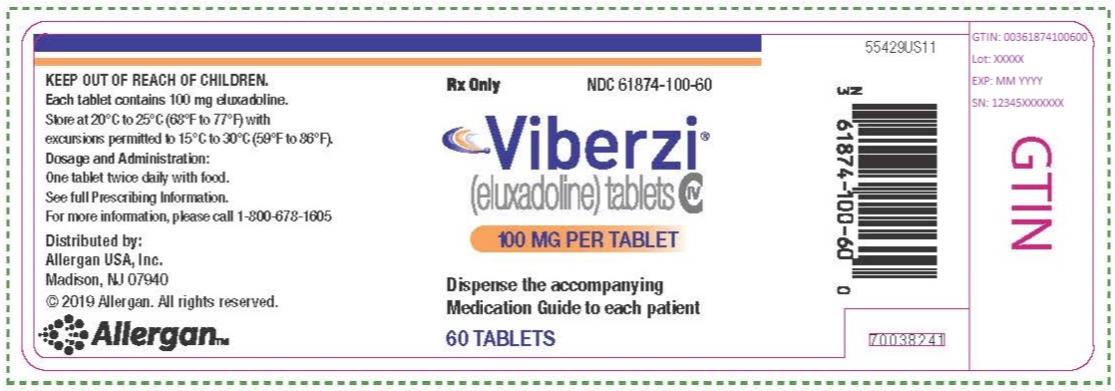 PRINCIPAL DISPLAY PANEL
NDC: <a href=/NDC/61874-100-60>61874-100-60</a>
Viberzi
(eluxadoline) tablets
100 MG PER TABLET
60 TABLETS
Rx Only
