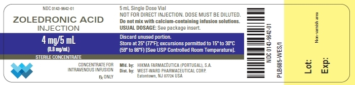 NDC: <a href=/NDC/0143-9642-01>0143-9642-01</a> ZOLEDRONIC ACID INJECTION 4 mg/5 mL (0.8 mg/mL) STERILE CONCENTRATE CONCENTRATE FOR INTRAVENOUS INFUSION Rx ONLY 5 mL Single Dose Vial NOT FOR DIRECT INJECTION. DOSE MUST BE DILUTED. Do not mix with calcium-containing infusion solutions. USUAL DOSAGE: See package insert. Discard unused portion. Store at 25º (77ºF); excursions permitted to 15º to 30ºC (59º to 86ºF) [See USP Controlled Room Temperature].
