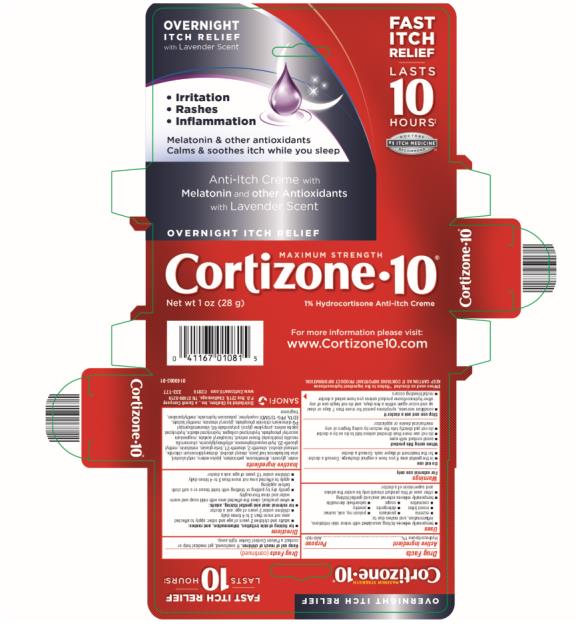 OVERNIGHT 
ITCH RELIEF
with Lavender Scent
MAXIMUM STRENGTH
Cortizone 10
1% Hydrocortisone Anti-itch Crème
Net wt 1 oz (28 g)
