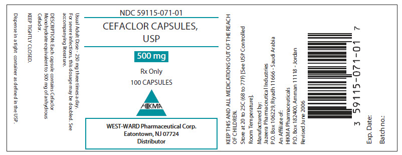 NDC: <a href=/NDC/59115-071-01>59115-071-01</a> CEFACLOR CAPSULES, USP 500 mg Rx Only 100 Capsules