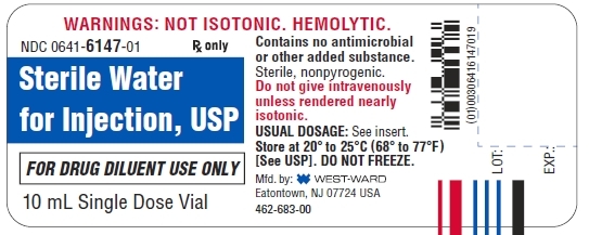 WARNINGS: NOT ISOTONIC. HEMOLYTIC. NDC: <a href=/NDC/0641-6147-01>0641-6147-01</a> Rx only Sterile Water for Injection, USP FOR DRUG DILUENT USE ONLY 10 mL Single Dose Vial Contains no antimicrobial or other added substance. Sterile, nonpyrogenic. Do not give intravenously unless rendered nearly isotonic. USUAL DOSAGE: See insert. Store at 20º to 25ºC (68º to 77ºF) [See USP]. DO NOT FREEZE.