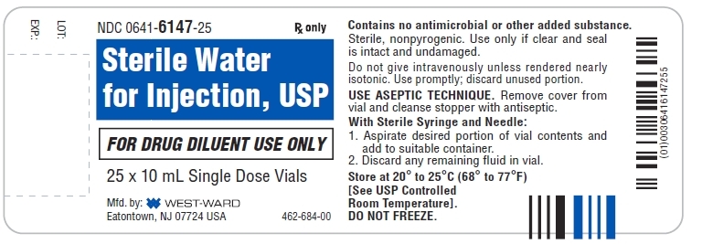 NDC: <a href=/NDC/0641-6147-25>0641-6147-25</a> Rx only Sterile Water for Injection, USP FOR DRUG DILUENT USE ONLY 25 x 10 mL Single Dose Vials Contains no antimicrobial or other added substance. Sterile, nonpyrogenic. Use only if clear and seal is intact and undamaged. Do not give intravenously unless rendered nearly isotonic. Use promptly; discard unused portion. USE ASEPTIC TECHNIQUE. Remove cover from vial and cleanse stopper with antiseptic. With Sterile Syringe and Needle: 1. Aspirate desired portion of vial contents and add to suitable container. 2. Discard any remaining fluid in vial. Store at 20º to 25ºC (68º to 77ºF) [See USP Controlled Room Temperature]. DO NOT FREEZE.