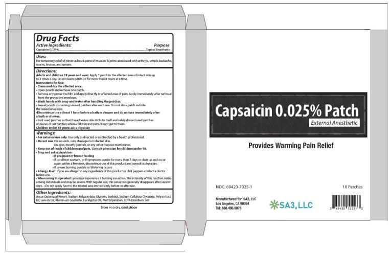 PRINCIPAL DISPLAY PANEL
Capsaicin 0.025% Patch
NDC: <a href=/NDC/69420-7025-1>69420-7025-1</a>
10 Patches (5 per Resealable Pouch)

SA3, LLC
