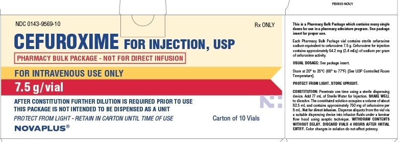 NDC: <a href=/NDC/0143-9569-10>0143-9569-10</a> Rx ONLY CEFUROXIME FOR INJECTION, USP PHARMACY BULK PACKAGE - NOT FOR DIRECT INFUSION FOR INTRAVENOUS USE ONLY 7.5 g/vial AFTER CONSTITUTION FURTHER DILUTION IS REQUIRED PRIOR TO USE THIS PACKAGE IS NOT INTENDED TO BE DISPENSED AS A UNIT PROTECT FROM LIGHT - RETAIN IN CARTON UNTIL TIME OF USE This is a Pharmacy Bulk Package which contains many single doses for use in a pharmacy admixture program. See package insert for proper use. Each Pharmacy Bulk Package vials contains sterile cefuroxime sodium equivalent to cefuroxime 7.5 g. Cefuroxime for injection contains approximately 54.2 mg (2.4 mEq) of sodium per gram of cefuroxime activity. USUAL DOSAGE: See package insert. Store at 20º to 25ºC (68º to 77ºF) [See USP Controlled Room Temperature]. PROTECT FROM LIGHT. STORE UPRIGHT. CONSTITUTION: Penetrate one time using a sterile dispensing device. Add 77 mL of Sterile Water for Injection. SHAKE WELL to dissolve. The constituted solution occupies a volume of about 82.5 mL and contains approximately 750 mg of cefuroxime per 8 mL. Not for direct infusion. Dispense aliquots from the vial via a suitable dispensing device into infusion fluids under a laminar flow hood using aseptic technique. WITHDRAW CONTENTS WITHOUT DELAY. DISCARD VIALS 4 HOURS AFTER INITIAL ENTRY. Color changes in solution do not affect potency.