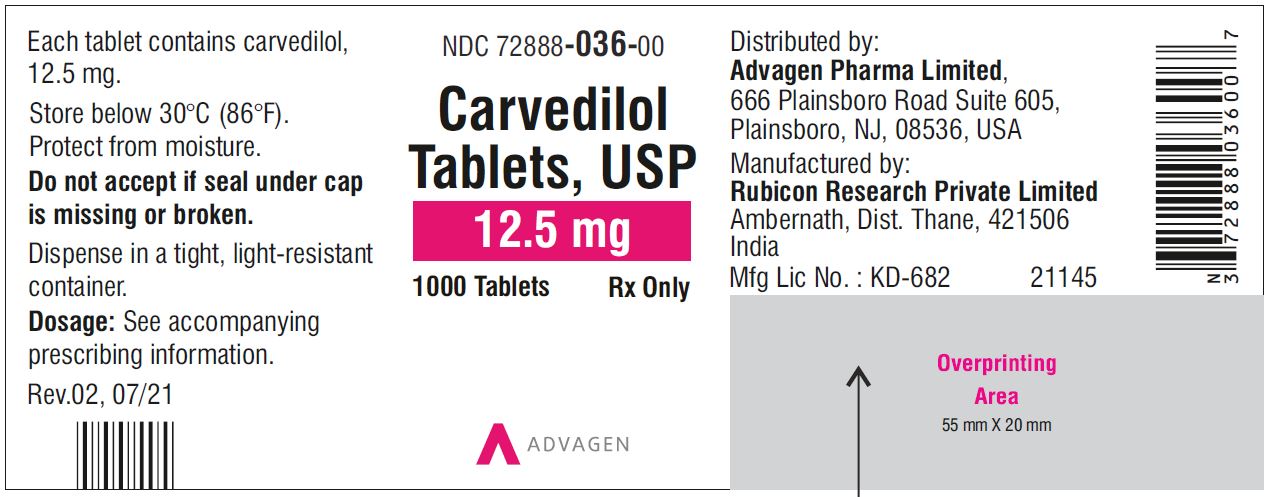 Carvedilol Tablets USP, 12.5 mg - NDC: <a href=/NDC/72888-036-00>72888-036-00</a>  - 1000 Tablets Container Label