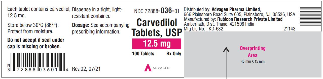 Carvedilol Tablets USP, 12.5 mg - NDC: <a href=/NDC/72888-036-01>72888-036-01</a>  - 100 Tablets Container Label