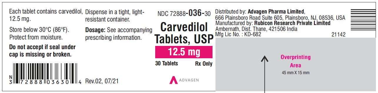 Carvedilol Tablets USP, 12.5 mg - NDC: <a href=/NDC/72888-036-30>72888-036-30</a>  - 30 Tablets Container Label