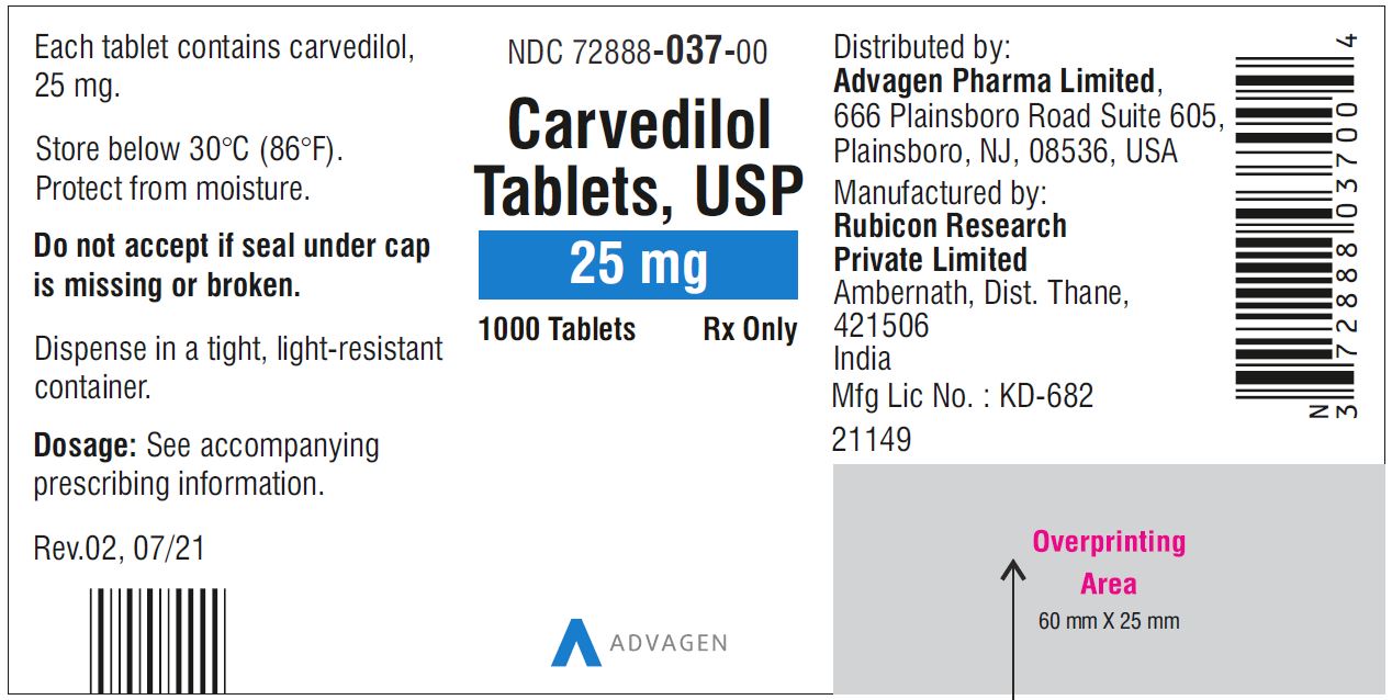 Carvedilol Tablets USP, 25 mg - NDC: <a href=/NDC/72888-037-00>72888-037-00</a>  - 1000 Tablets Container Label