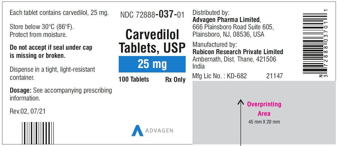 Carvedilol Tablets USP, 25 mg - NDC: <a href=/NDC/72888-037-01>72888-037-01</a>  - 100 Tablets Container Label