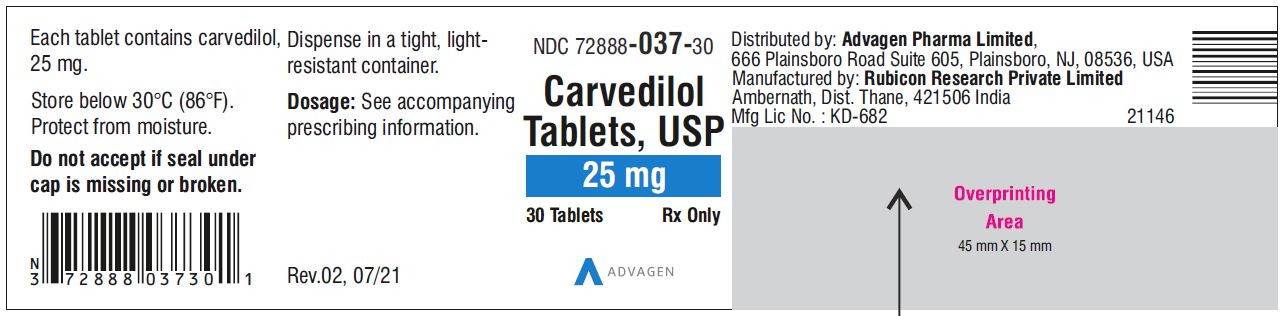 Carvedilol Tablets USP, 25 mg - NDC: <a href=/NDC/72888-037-30>72888-037-30</a>  - 30 Tablets Container Label