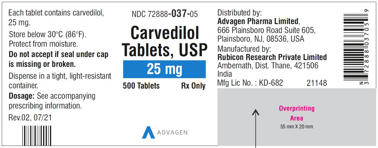 Carvedilol Tablets USP, 25 mg - NDC: <a href=/NDC/72888-037-05>72888-037-05</a>  - 500 Tablets Container Label