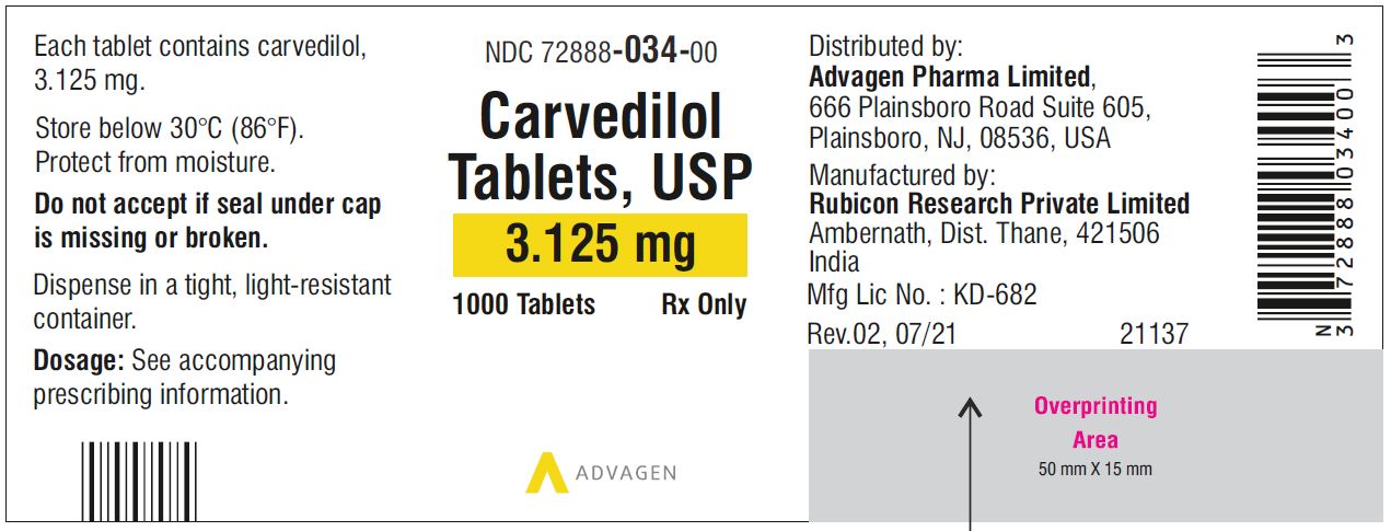 Carvedilol Tablets USP, 3.125 mg - NDC: <a href=/NDC/72888-034-00>72888-034-00</a>  - 1000 Tablets Container Label