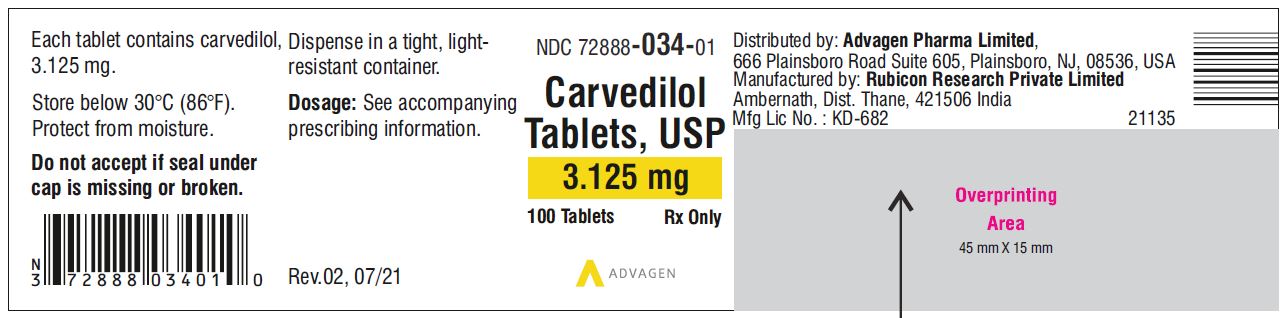 Carvedilol Tablets USP, 3.125 mg - NDC: <a href=/NDC/72888-034-01>72888-034-01</a>  - 100 Tablets Container Label
