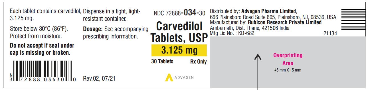 Carvedilol Tablets USP, 3.125 mg - NDC: <a href=/NDC/72888-034-30>72888-034-30</a>  - 30 Tablets Container Label