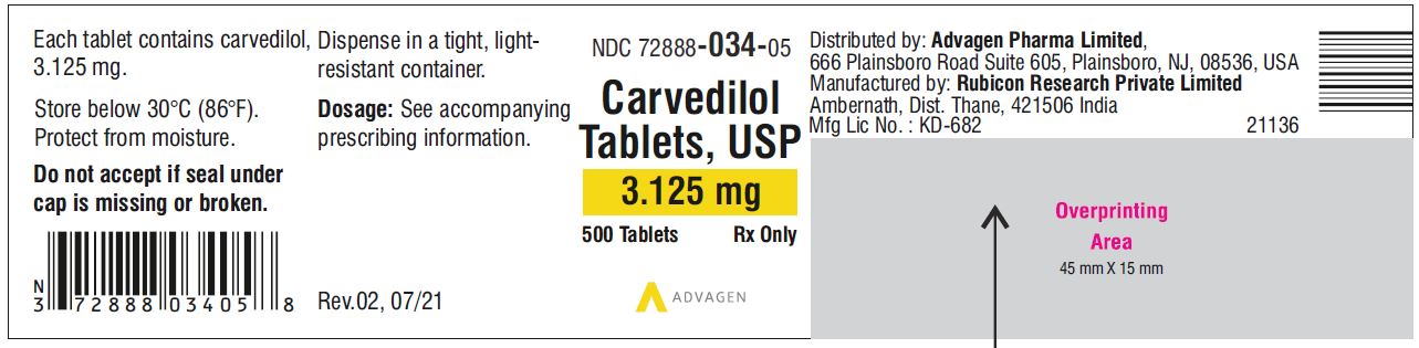 Carvedilol Tablets USP, 3.125 mg - NDC: <a href=/NDC/72888-034-05>72888-034-05</a>  - 500 Tablets Container Label