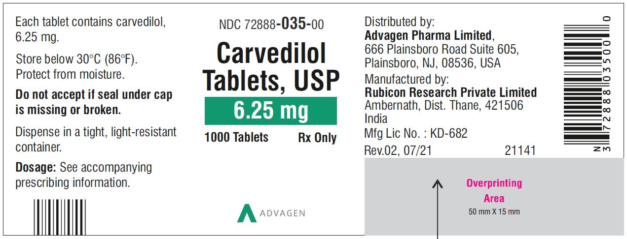 Carvedilol Tablets USP, 6.25 mg - NDC: <a href=/NDC/72888-035-00>72888-035-00</a>  - 1000 Tablets Container Label