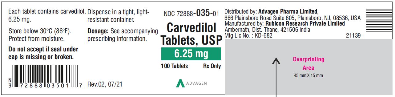 Carvedilol Tablets USP, 6.25 mg - NDC: <a href=/NDC/72888-035-01>72888-035-01</a>  - 100 Tablets Container Label
