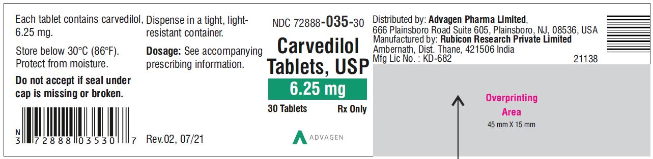 Carvedilol Tablets USP, 6.25 mg - NDC: <a href=/NDC/72888-035-30>72888-035-30</a>  - 30 Tablets Container Label