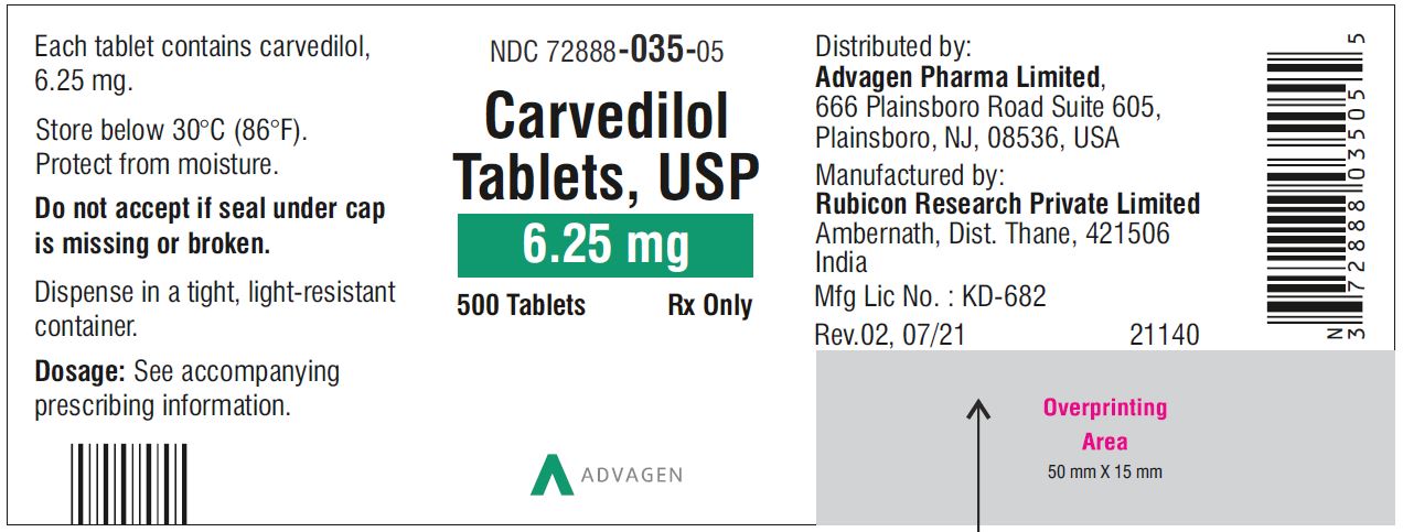Carvedilol Tablets USP, 6.25 mg - NDC: <a href=/NDC/72888-035-05>72888-035-05</a>  - 500 Tablets Container Label