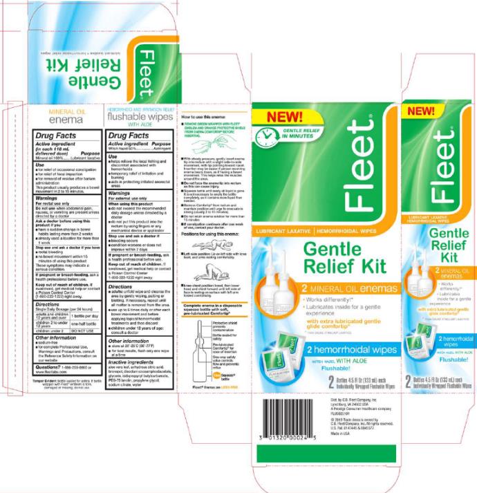 PRINCIPAL DISPLAY PANEL


Fleet® 

Gentle Relief Kit
lubricant laxative + hemorrhoidal relief wipes

2 Mineral Oil enemas - 2 Bottles 4.5 fl oz (133 mL) each 
2 Hemorrhoidal Relief Wipes (Witch hazel) - 2 Individually Wrapped Flushable Wipes 
