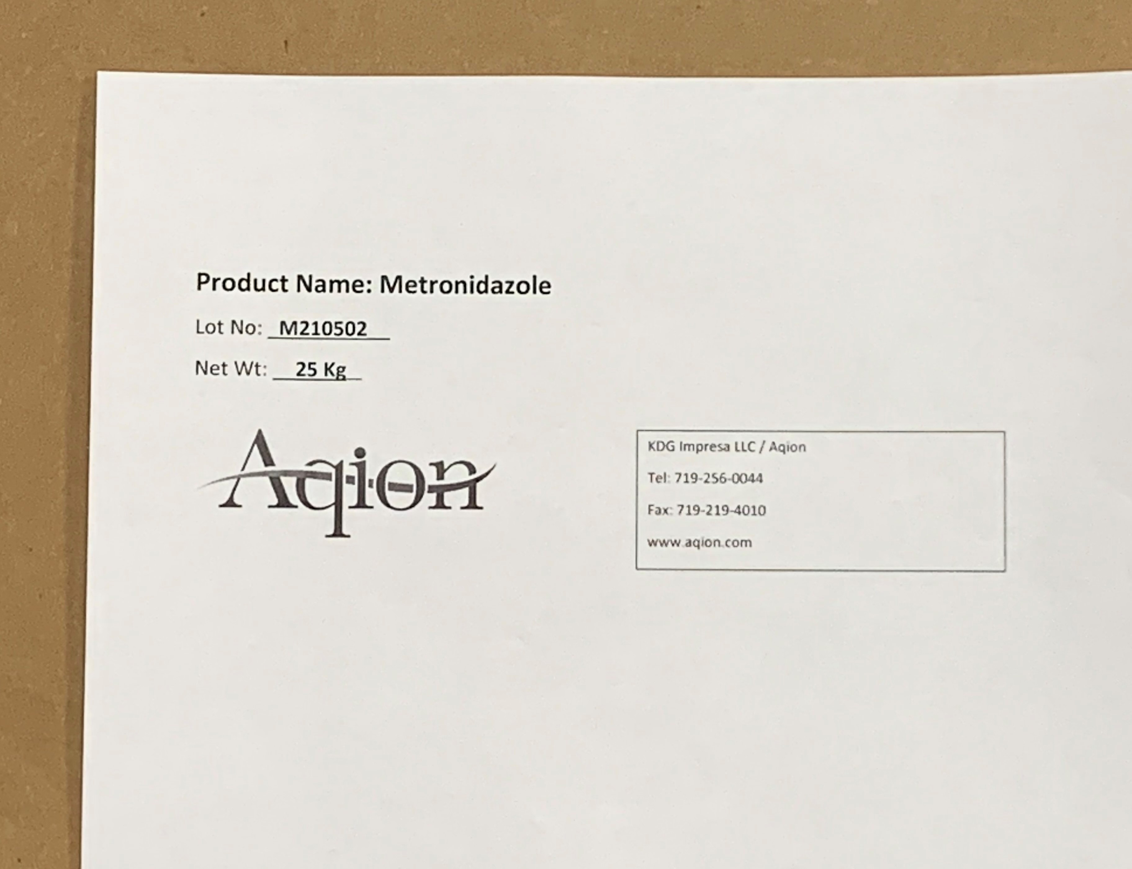 Aqion Metronidazole Bulk Label Sample