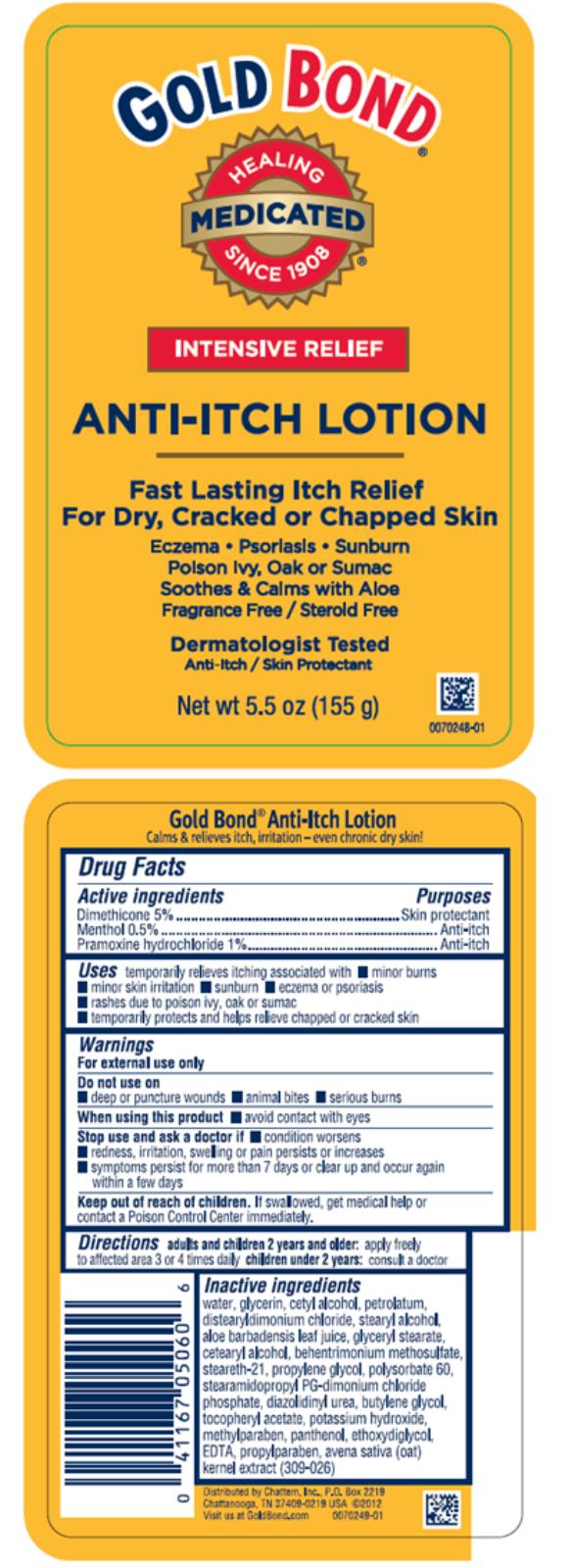 GOLD BOND® 
Healing Medicated
Since 1908
Intensive Relief
ANTI-ITCH LOTION
Net wt 5.5 oz (155 g)
