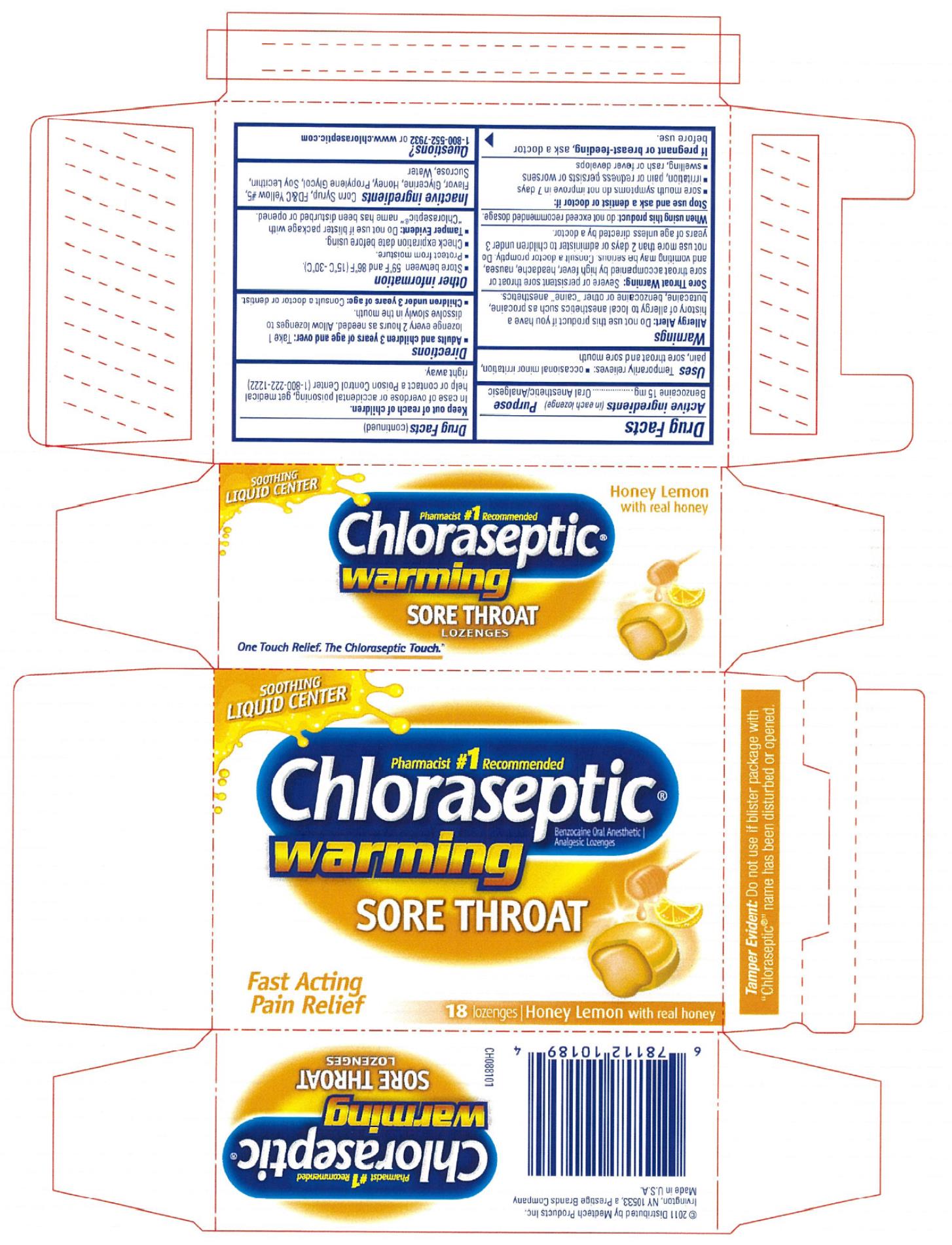 PRINCIPAL DISPLAY PANEL

Chloraseptic© Warming Sore Throat Lozenges
Benzocaine Oral Anesthetic | Analgesic 
18 lozenges | Honey Lemon