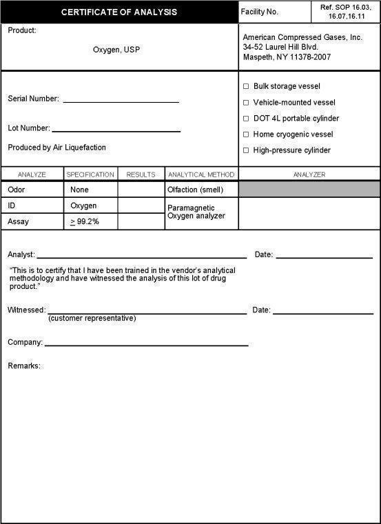 Oxygen certificate of analysis