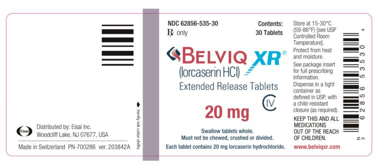 NDC: <a href=/NDC/62856-535-30>62856-535-30</a>
Rx Only
BELVIQ XR
(lorcaserin HCI)
Extended Release Tablets
20 mg
30 Tablets
