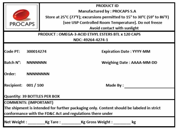 PRODUCT: omega-3-acid ethyl esters BTL x 120 CAPS NDC: <a href=/NDC/49264-4274-1>49264-4274-1</a>